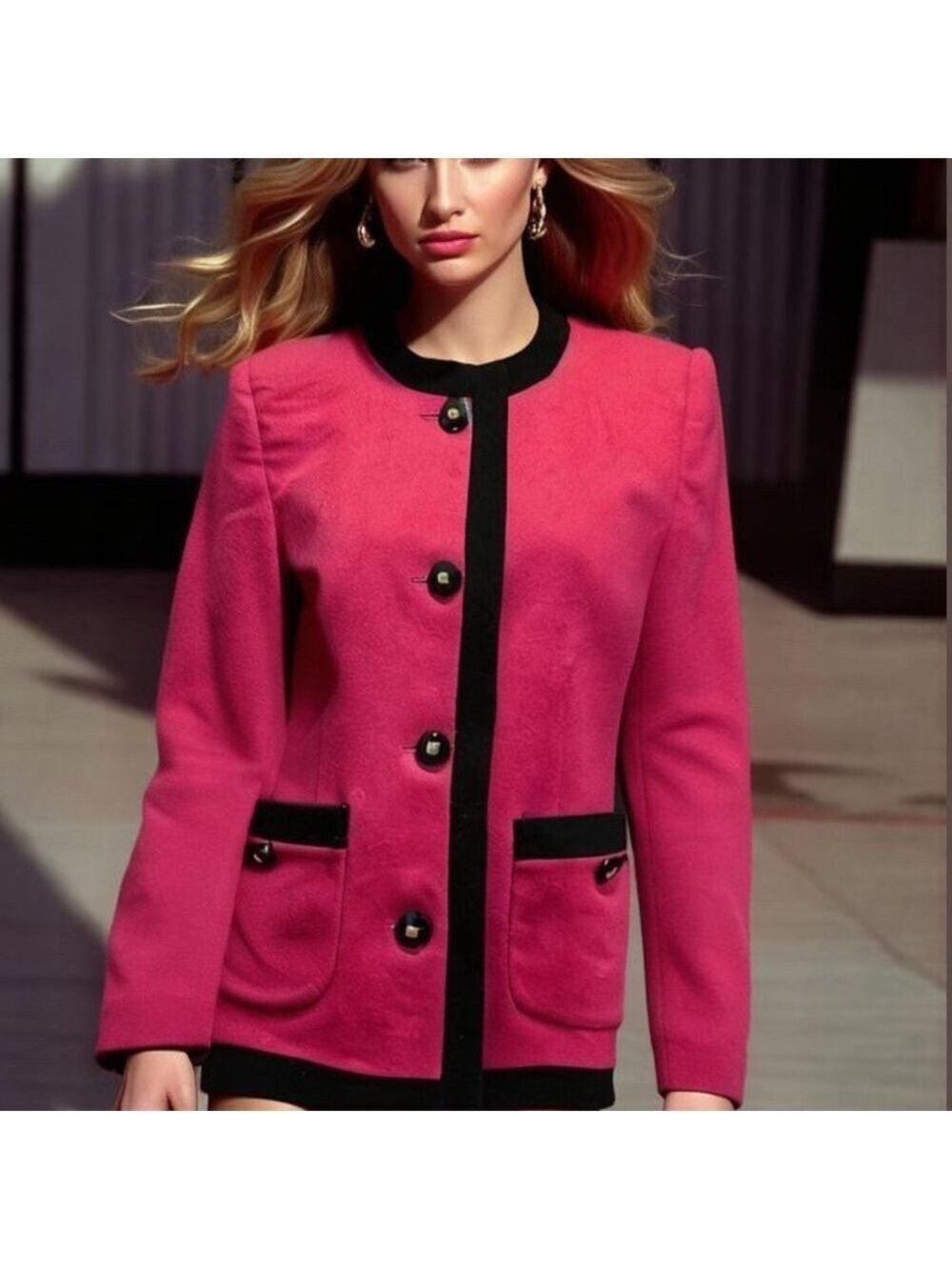 OLEG CASSINI 1980s FUSHIA PINK & BLACK COLORBLOCK COLLARLESS CROPPED BLAZER SZ 8
